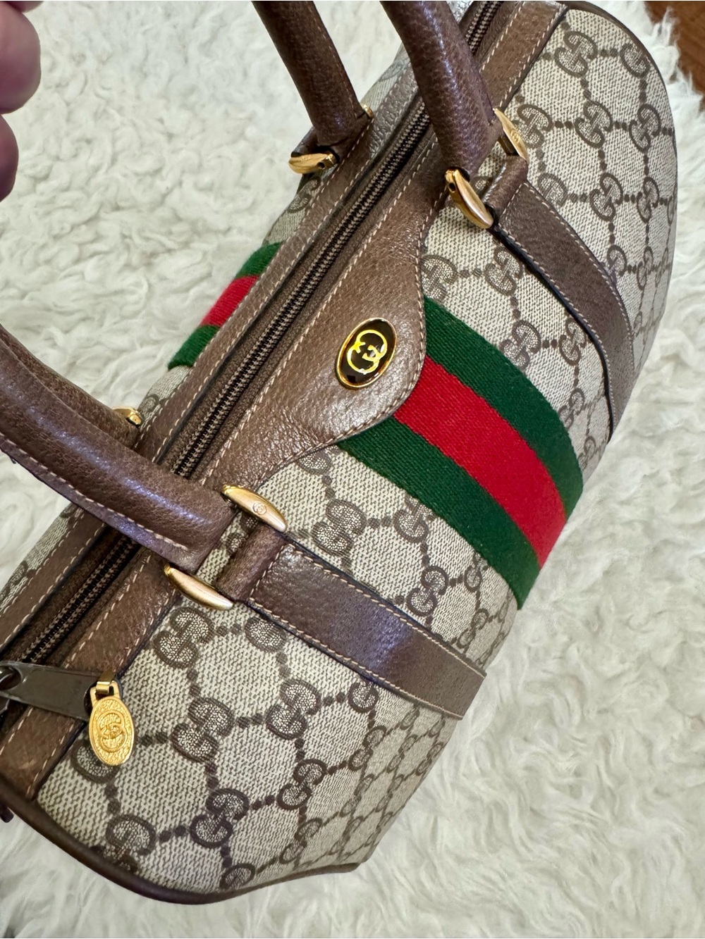 Gucci Beige GG Supreme 27 Satchel with Red & Green Web Stripe - Picture 4 of 11